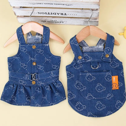 Small Dogs Clothes Designer Luxury Puppy Summer Clothes Girls Cat Dresses,Love Jeans Harness Vest Denim Dress One Piece S-XXL