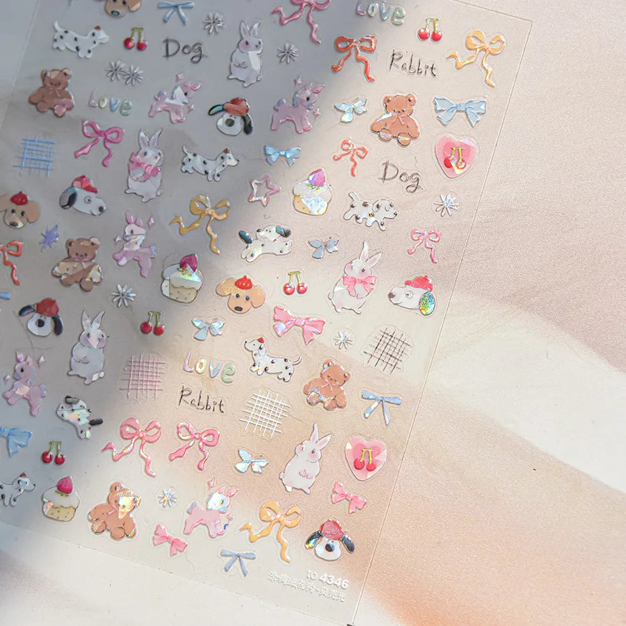 Colorful Balloon Cute Puppy Flower Cherry Bowknot Love Happy Dog Animal Self Adhesive Nail Art Sticker Decoration Manicure Decal