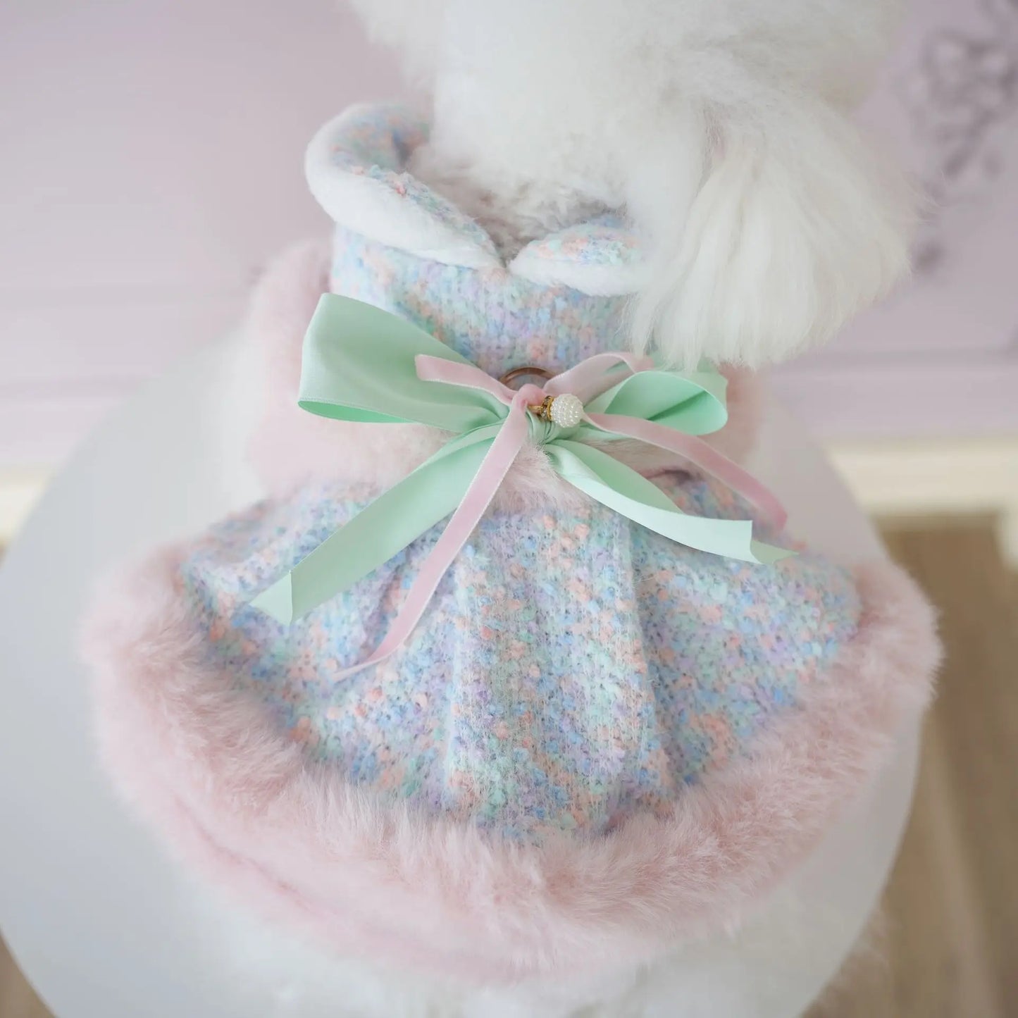 Pet Colorful Bow Set Skirt Autumn/Winter Bow Plush Coat Dress Warm Clothes Teddy Clothes Puppy Clothes for Small Dogs