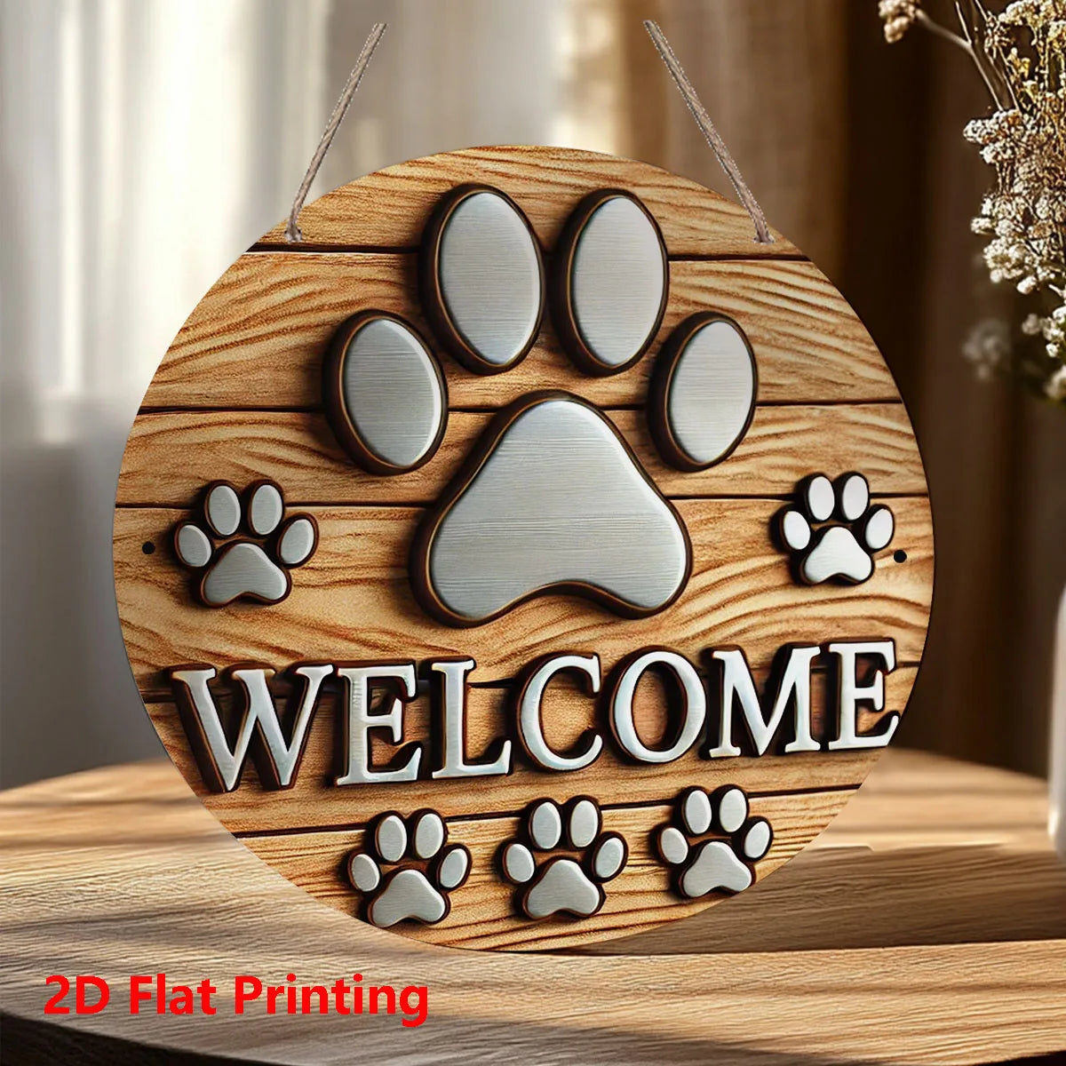 1Pc 2D Flat Printing Cute Dog Paw Wooden Welcome Sign,For Homes, Bars, Garages, Cafes and Gardens, ideal Housewarming Gifts
