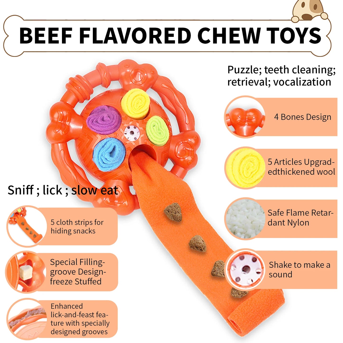 Dog Interactive Toy Colorful Tug Chew Ball with Treat Hiding Ropes, Beef Flavor, Fun Sound Play, Pet Training Stress Relief