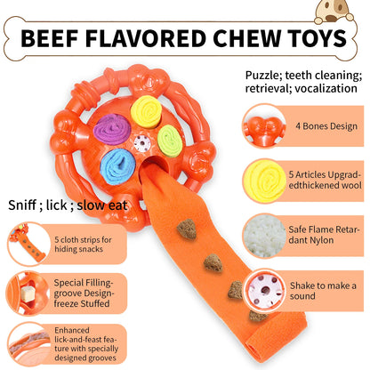 Dog Interactive Toy Colorful Tug Chew Ball with Treat Hiding Ropes, Beef Flavor, Fun Sound Play, Pet Training Stress Relief