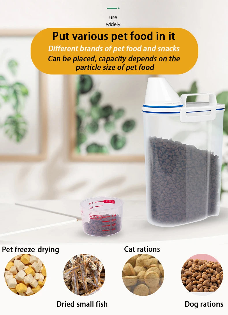 1.5L/2L Dog Cat Food Pail Plastic Storage Tank with Measuring Cup Container Moisture-proof Sealed Jar Pet Supplies Accessories