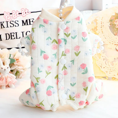 Dog Clothes Autumn and Winter Floral Double-layer To Protect The Belly Four Legged Small Dog Teddy Bear Pet Puppy Clothes