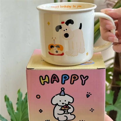 1Pcs Ins Cute Happy Bear Ceramic Mug Kawaii White Puppy Cartoon Coffee Mug Fashion Vintage Afternoon Tea Cup Pair Couple Gift