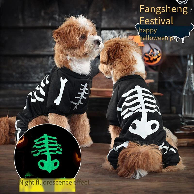 Halloween Dog Costume Glow-in-the-Dark Skeleton Bone Design Dog Clothes Cozy Polyester Jumpsuit for Small to Medium Breeds