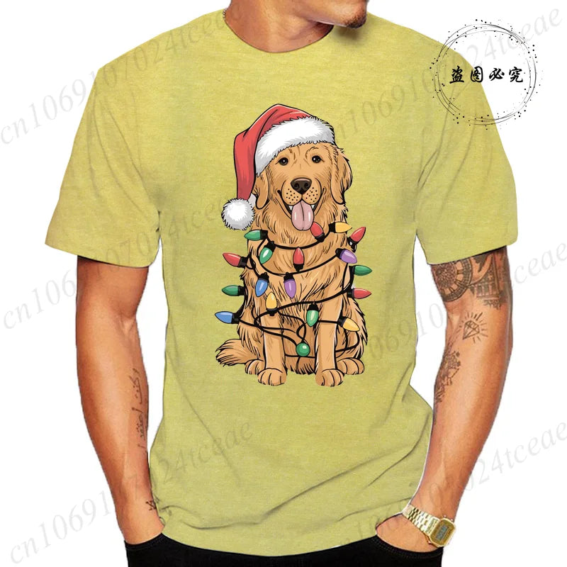 the GOLDEN CHRISTMAS - New Men's T-Shirts Christmas Golden Retriever Print T-Shirts, Round Neck Short Sleeve Casual T-Shirt, Happy New Year Dog Shirts