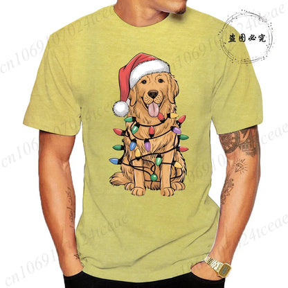 the GOLDEN CHRISTMAS - New Men's T-Shirts Christmas Golden Retriever Print T-Shirts, Round Neck Short Sleeve Casual T-Shirt, Happy New Year Dog Shirts