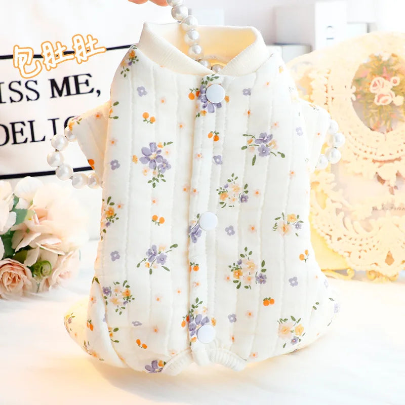 Dog Clothes Autumn and Winter Floral Double-layer To Protect The Belly Four Legged Small Dog Teddy Bear Pet Puppy Clothes
