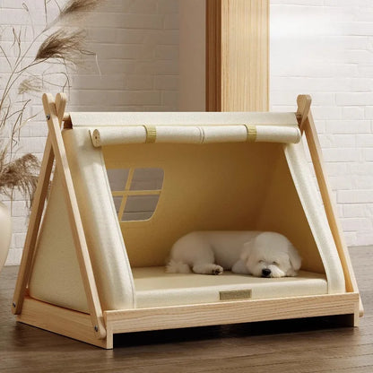 Indoor Dog Tent Pine Wood Dogs Tents Beds Cushion Removable Breathable Dog House Closed Moisture-proof Pet Cat Double Door Tent