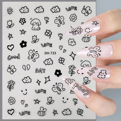 3D Flat Cute Cartoon Nail Stickers Doodle Cat Dog Heart Star Flower Nail Art Stickers Women DIY Manicure Decoration Decals