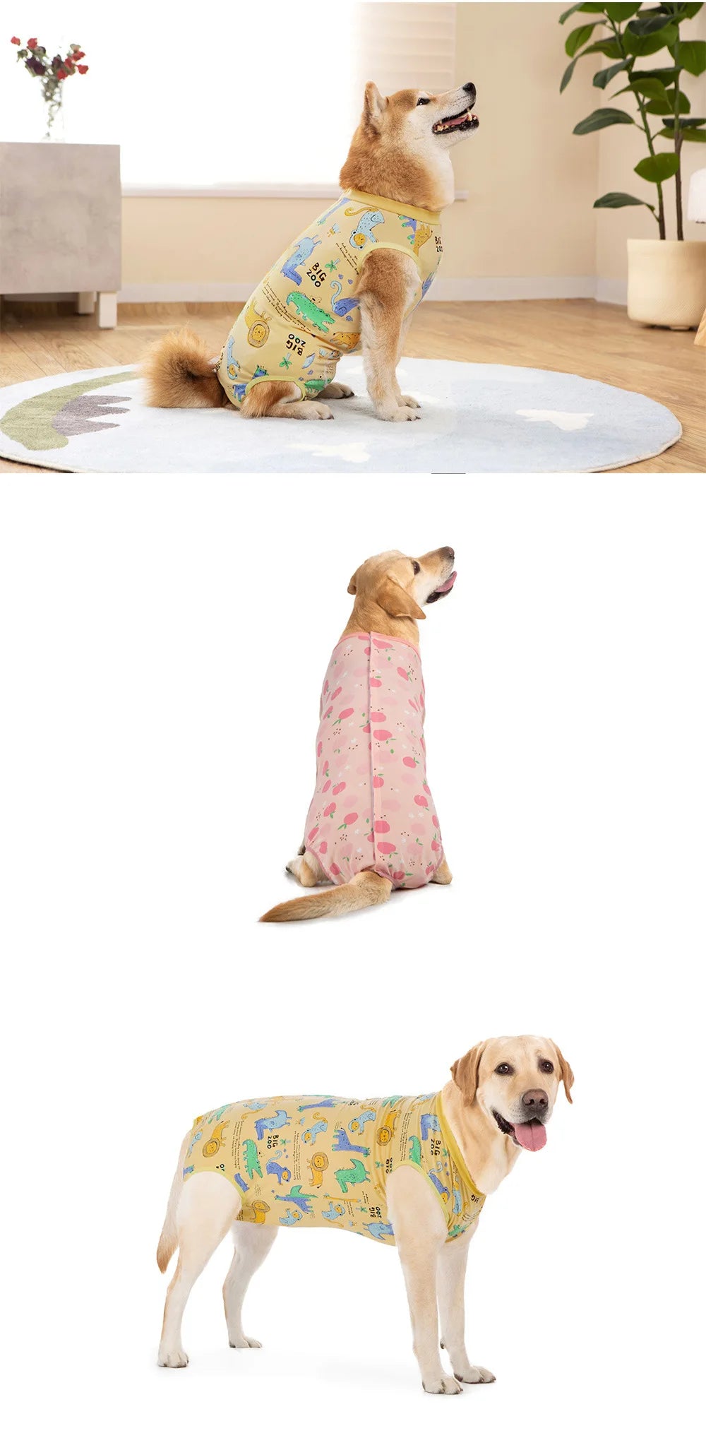 Large Dog Surgery Recovery Suit Cartoon Animal/Fruit Print Cotton Onesie Jumpsuit for Labrador Shiba Golden Retriever
