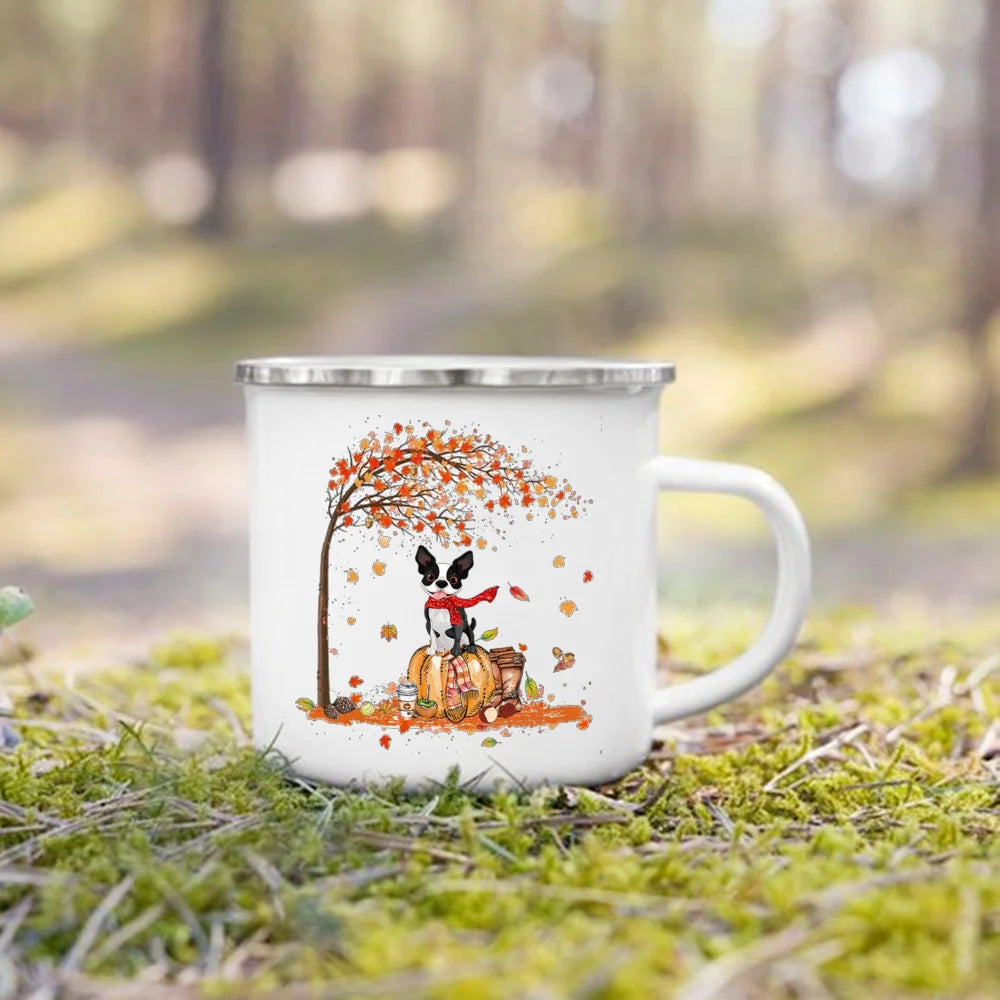 Pumpkin Leaves Dog Cat Printed Enamel Mugs Coffee Cups Fall Thanksgiving Party Wine Juice Mug Handle Cup Autumn Holiday Gifts