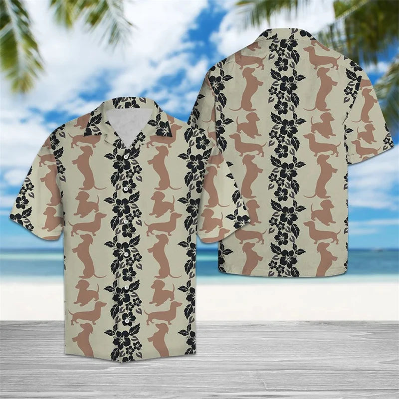 the HAWAIIAN DOG-O - Funny Dachshund Pattern Hawaiian Shirts, Summer Casual Short Sleeve Cute Dog 3D Printed Shirt, Loose Breathable Vacation Blouses