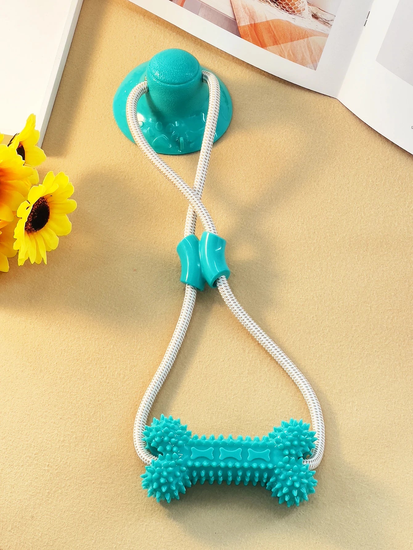 A TPR dog gnaws on a toy sucker bottom bone and grinds its teeth with a bite-resistant training stick