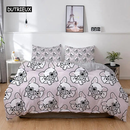 the PRINTED PET DUVET - 3D Dog Bedding Set, Cute French Bulldog Puppy Duvet Cover Sets, Cartoon Bed Cover, Pet Animals Home Textiles, Queen 2/3Pcs King Full
