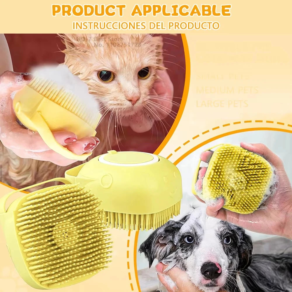 Silicone Soft Rubber Pet Massage Shower Brush with Builtin Shampoo Storage Self Cleaning Detangling for Dogs Cats Grooming Brush