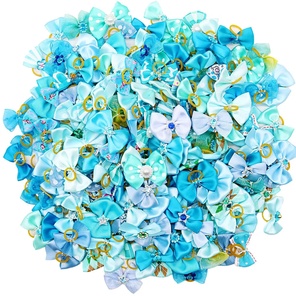 the BLUE GEM BOWKNOTS - Small Dog Bows, 10/20PCS Movable Dog Bows with Rubber Bands, Pet Hair Accessories for Dogs, Blue Series Pet Bowknots, Dog Supplies