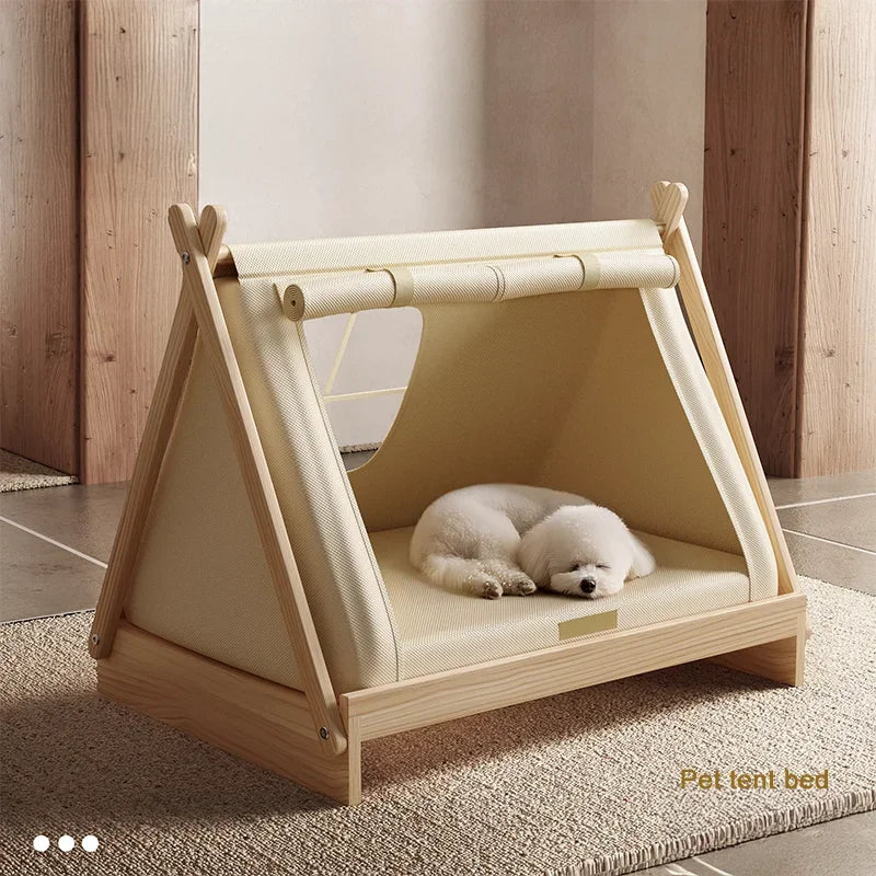 the POW-WOW PET BED - Wooden Oxford Cloth Dog Bed, Elevated Moisture-Proof Tent, Enclosed Safety House All-Season Dog Shelter with Frame Support