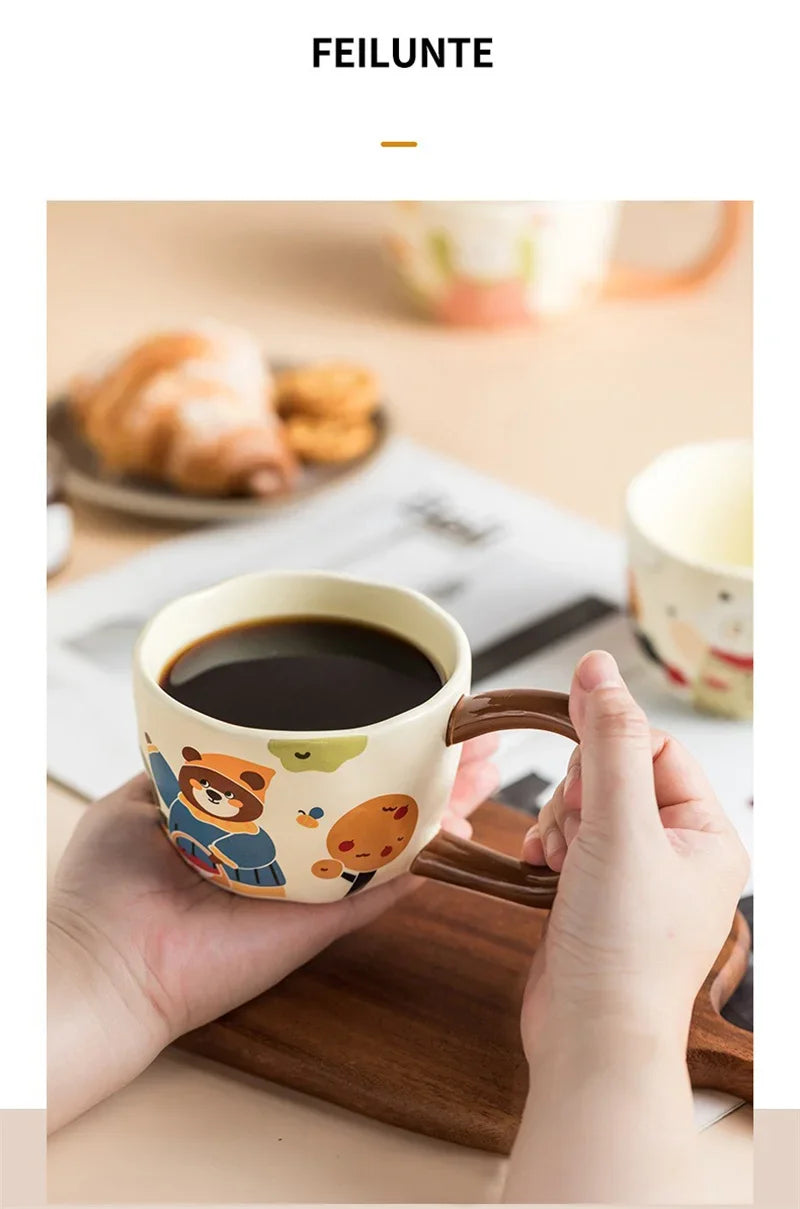 350ML Cartoon Hand Painted Bunny bear Coffee Cups Irregular Ceramic Mug Large Handle Home Office Milk Water Cup Kid's Gifts