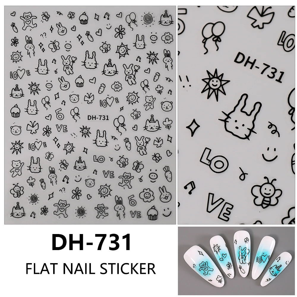 3D Flat Cute Cartoon Nail Stickers Doodle Cat Dog Heart Star Flower Nail Art Stickers Women DIY Manicure Decoration Decals