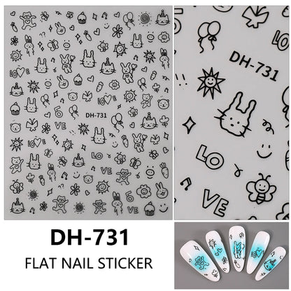 3D Flat Cute Cartoon Nail Stickers Doodle Cat Dog Heart Star Flower Nail Art Stickers Women DIY Manicure Decoration Decals