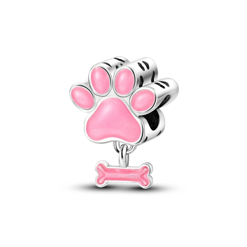 Dog Pet Charms 925 Silver Doggy Paw French Bulldog Bones Beads fit Original Bracelet DIY Fine Jewelry