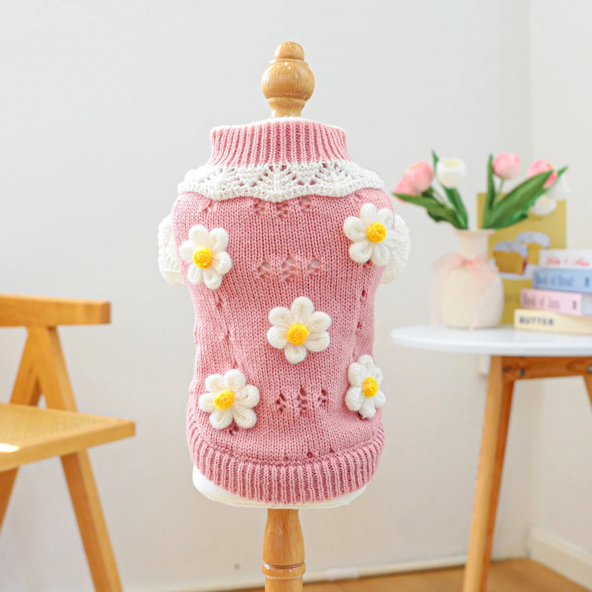 1PC Flower Sweater Pet Clothes Dog Cat Autumn Winter Thickened Warm Elastic Pink Pullover Knitted Sweater