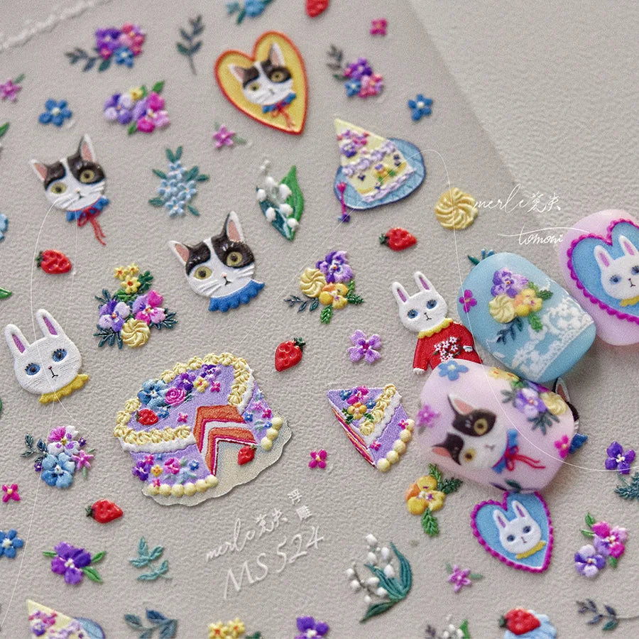 Graffiti Cat Claw Rabbit Bunny Bear Dog Flower Lovely Animal Fruit Dim Sum Candy Sunflower Adhesive 5D Nail Art Stickers Decal