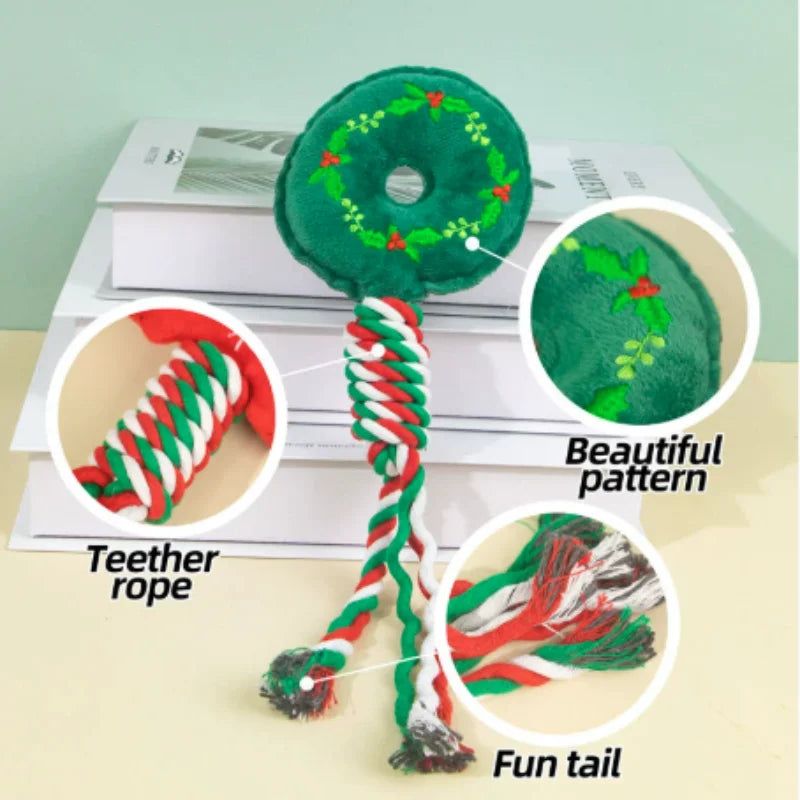 Christmas Themed Interactive Chew Toy for Dogs And Cats - Cute Squeaky Cotton Rope Knot Molar Bite Toy Funny Puppy Xmas Gift