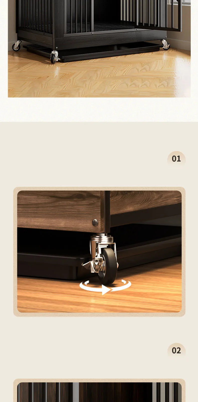 Reinforced Anti-Biting Dog Kennel Sturdy and Durable Wooden Round Pipe Dog Cage with Detachable Wheels Pet Bed