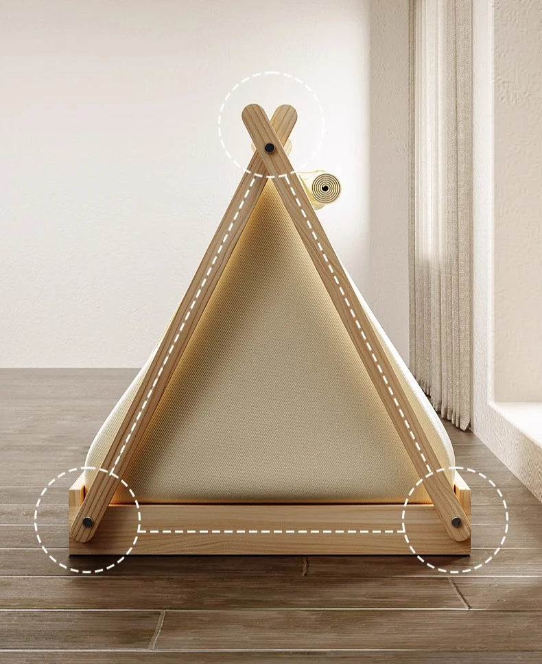 Indoor Dog Tent Pine Wood Dogs Tents Beds Cushion Removable Breathable Dog House Closed Moisture-proof Pet Cat Double Door Tent