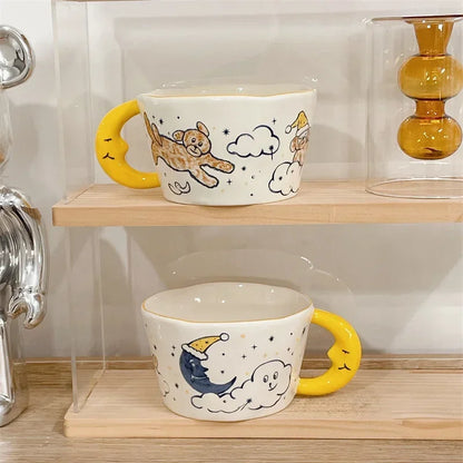 300ml Creative Cartoon Ladybug Dog Pattern Coffee Cup with Moon Handle Ceramic Mug Breakfast Milk Cups for Kids Birthday Gift
