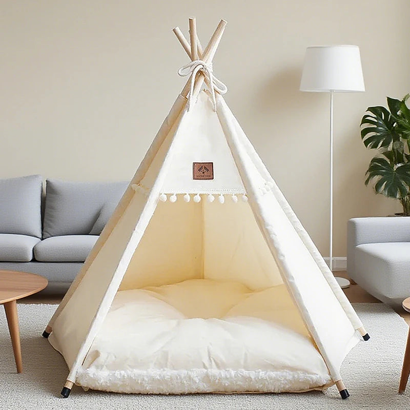 the BEIGE TEEPEE - Dog/Cat Teepee Pets Tent, Portable Dog Tent Bed with Plush Cushion, Soft Kennels Playhouse Removable and Washable Puppy Teepee