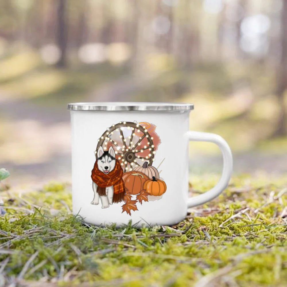 Pumpkin Leaves Dog Cat Printed Enamel Mugs Coffee Cups Fall Thanksgiving Party Wine Juice Mug Handle Cup Autumn Holiday Gifts