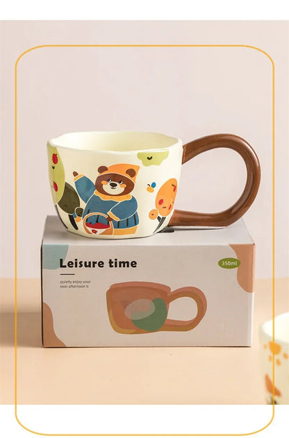 350ML Cartoon Hand Painted Bunny bear Coffee Cups Irregular Ceramic Mug Large Handle Home Office Milk Water Cup Kid's Gifts