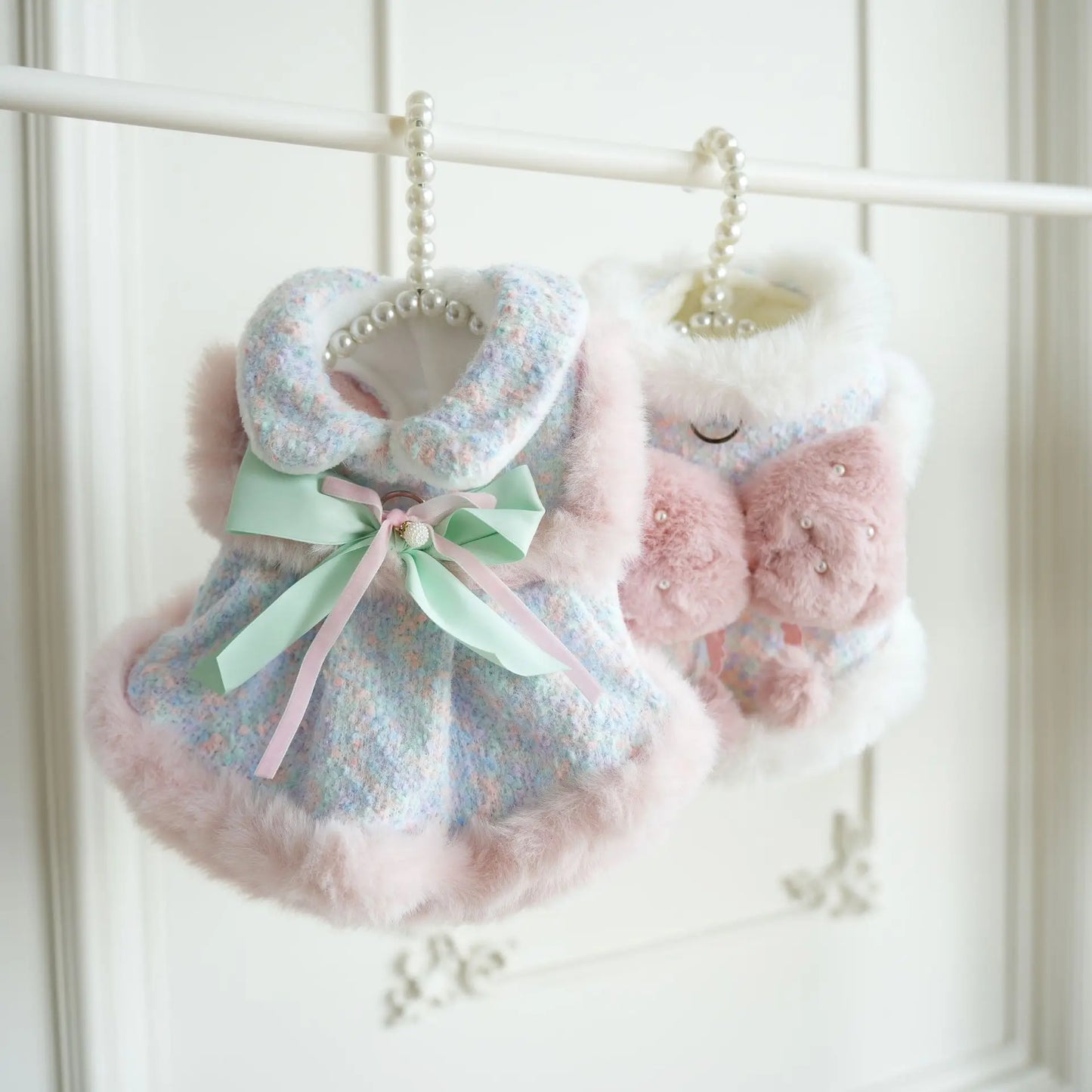 Pet Colorful Bow Set Skirt Autumn/Winter Bow Plush Coat Dress Warm Clothes Teddy Clothes Puppy Clothes for Small Dogs