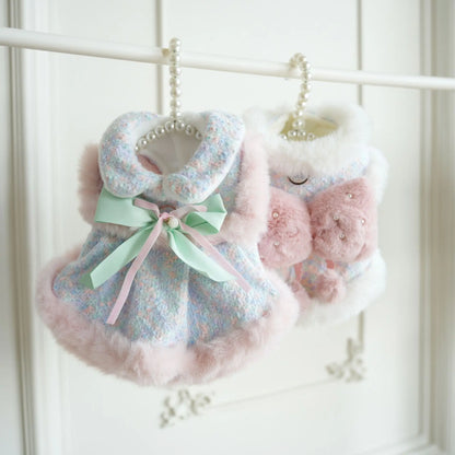 Pet Colorful Bow Set Skirt Autumn/Winter Bow Plush Coat Dress Warm Clothes Teddy Clothes Puppy Clothes for Small Dogs