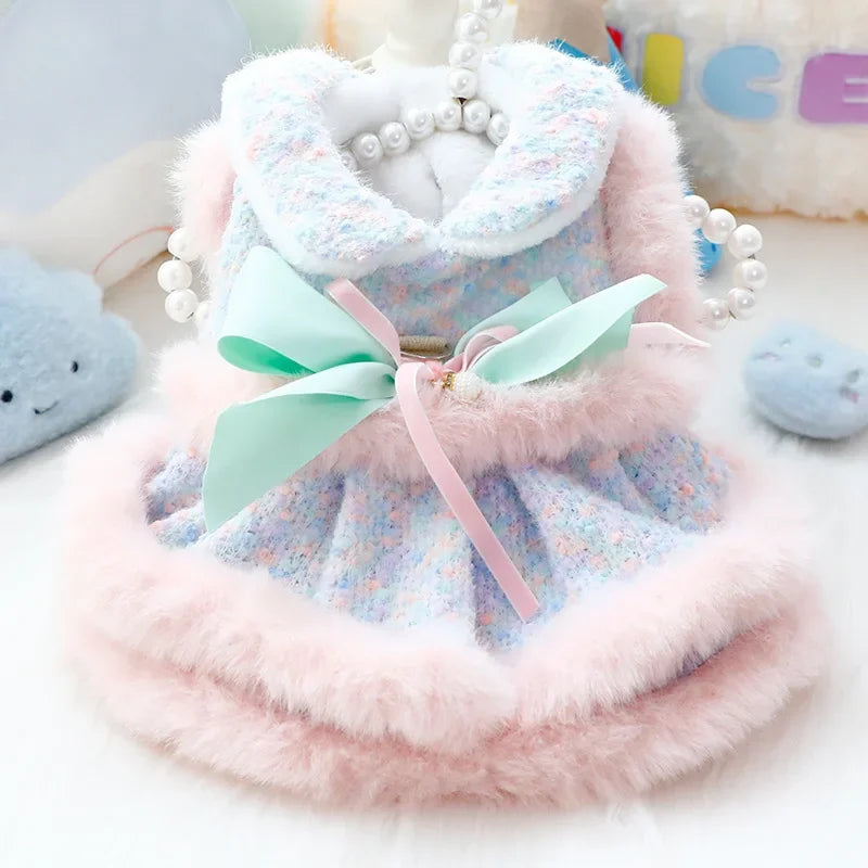 Dog Clothing Winter Thickened Cat Princess Dress Color Tow Dog Double-layer Skirt Fashion Design Warm Dog Coat
