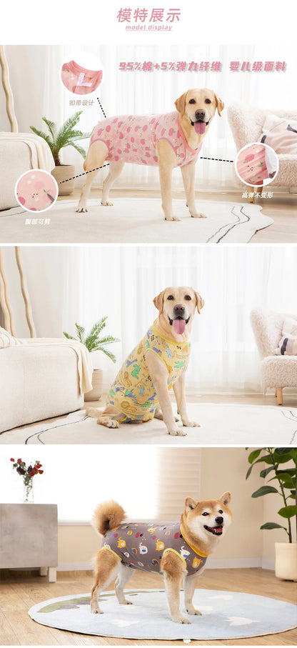 Large Dog Surgery Recovery Suit Cartoon Animal/Fruit Print Cotton Onesie Jumpsuit for Labrador Shiba Golden Retriever