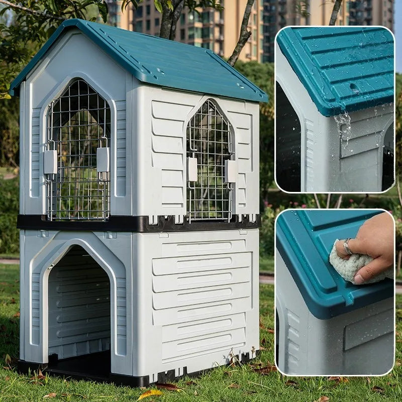 the DOUBLE DECKER DOGHOUSE - Dog Villa with Two Floors, Outdoor Doghouse, Dogs Cage Suitable All Seasons in Summer Rainproof, Outdoor Waterproofing Cat/Dog House