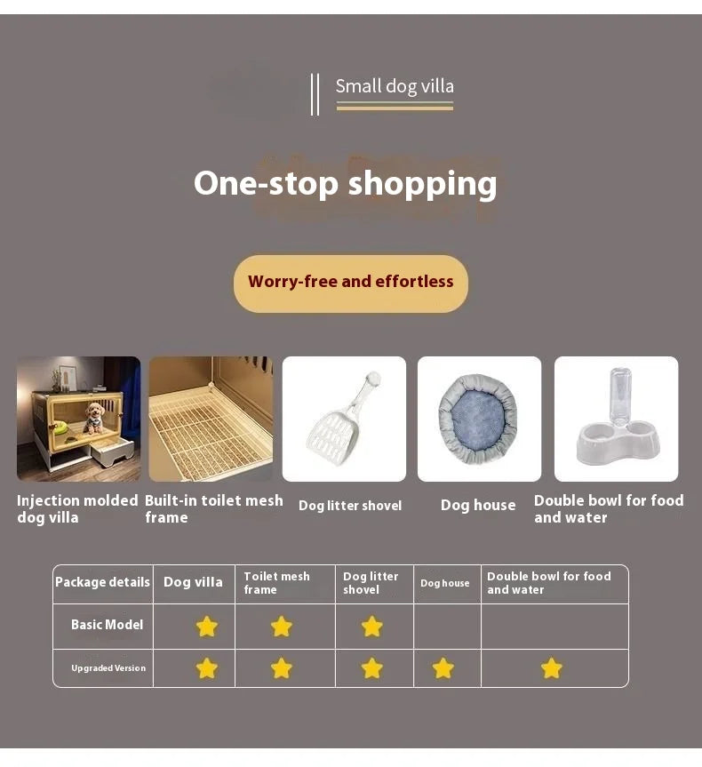 the LUXURY PET VILLA - Luxury Metal Small Dog Crate: 1-Bed-1-Living-1-Bath Villa, Separated Toilet, Indoor Integrated Doghouse/Cathouse