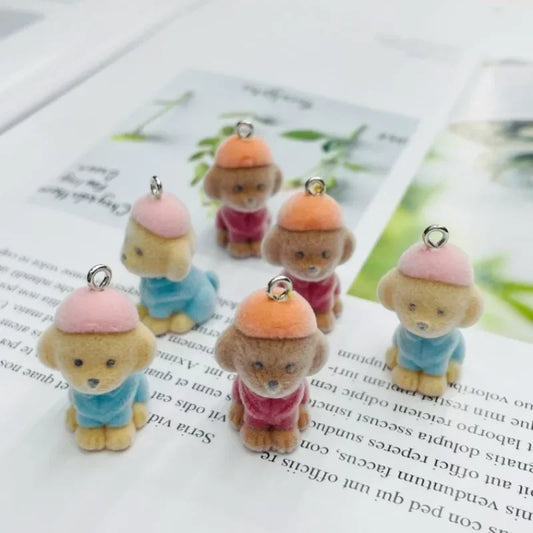 2Pcs 3D Flocking Cute Hat Dog Charms Cartoon Resin Pet Dog Pendant Earring Keychain Accessories For DIY Crafts Jewelry Make