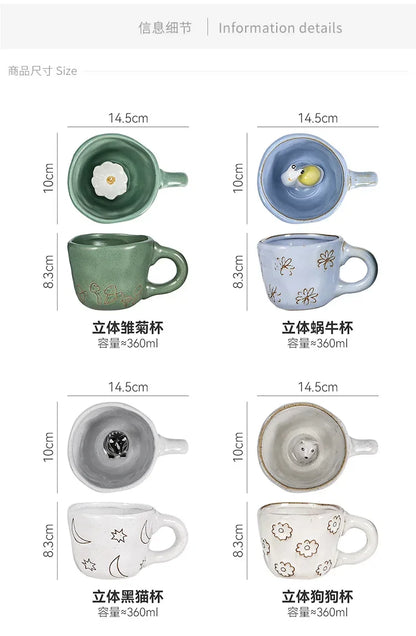 360ml Cups Ceramic Funny Cartoon Animal Tea Milk Cups Cute Handmade 3D Snail Daisy Dog Cat Coffee Mugs Creative Unique Gifts