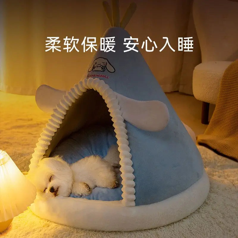 Kawaii Sanrio Cinnamoroll Dog Beds Cute Cat Mats Kennel Winter Warm Enclosed Safe House Removable Washable Sleeping Mat