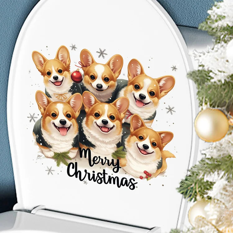 Cute Playful Little Dogs Wall Sticker Merry Christmas Bathroom Toilet Decoration Mural Cabinet Home Decor Self-adhesive Decals