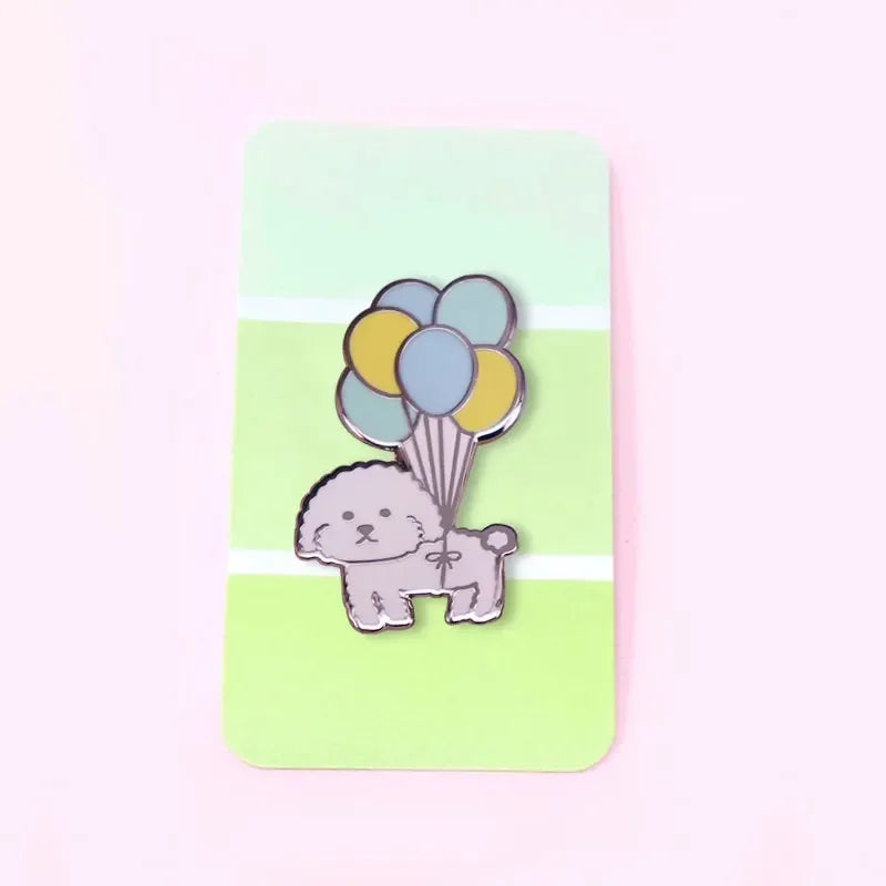 Vivi Dog with Balloons Enamel Pin Mini Puppy Bichon Frise Cute Dog Pet Brooch Badge