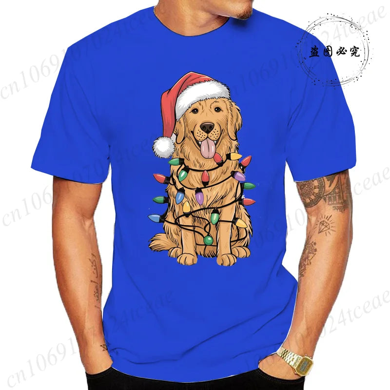 the GOLDEN CHRISTMAS - New Men's T-Shirts Christmas Golden Retriever Print T-Shirts, Round Neck Short Sleeve Casual T-Shirt, Happy New Year Dog Shirts