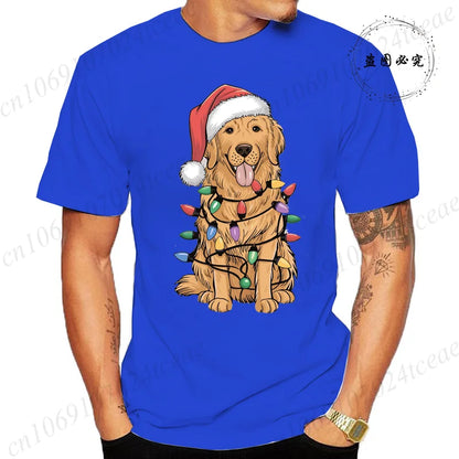 the GOLDEN CHRISTMAS - New Men's T-Shirts Christmas Golden Retriever Print T-Shirts, Round Neck Short Sleeve Casual T-Shirt, Happy New Year Dog Shirts