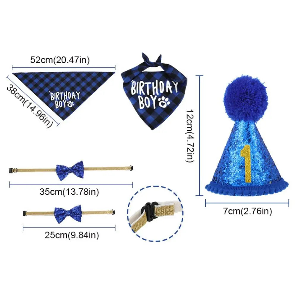 Decorative Pet Birthday Set Polyester Adjustable Dog Sequins Hat Blue Cat Birthday Hat Bow Tie Birthday Party